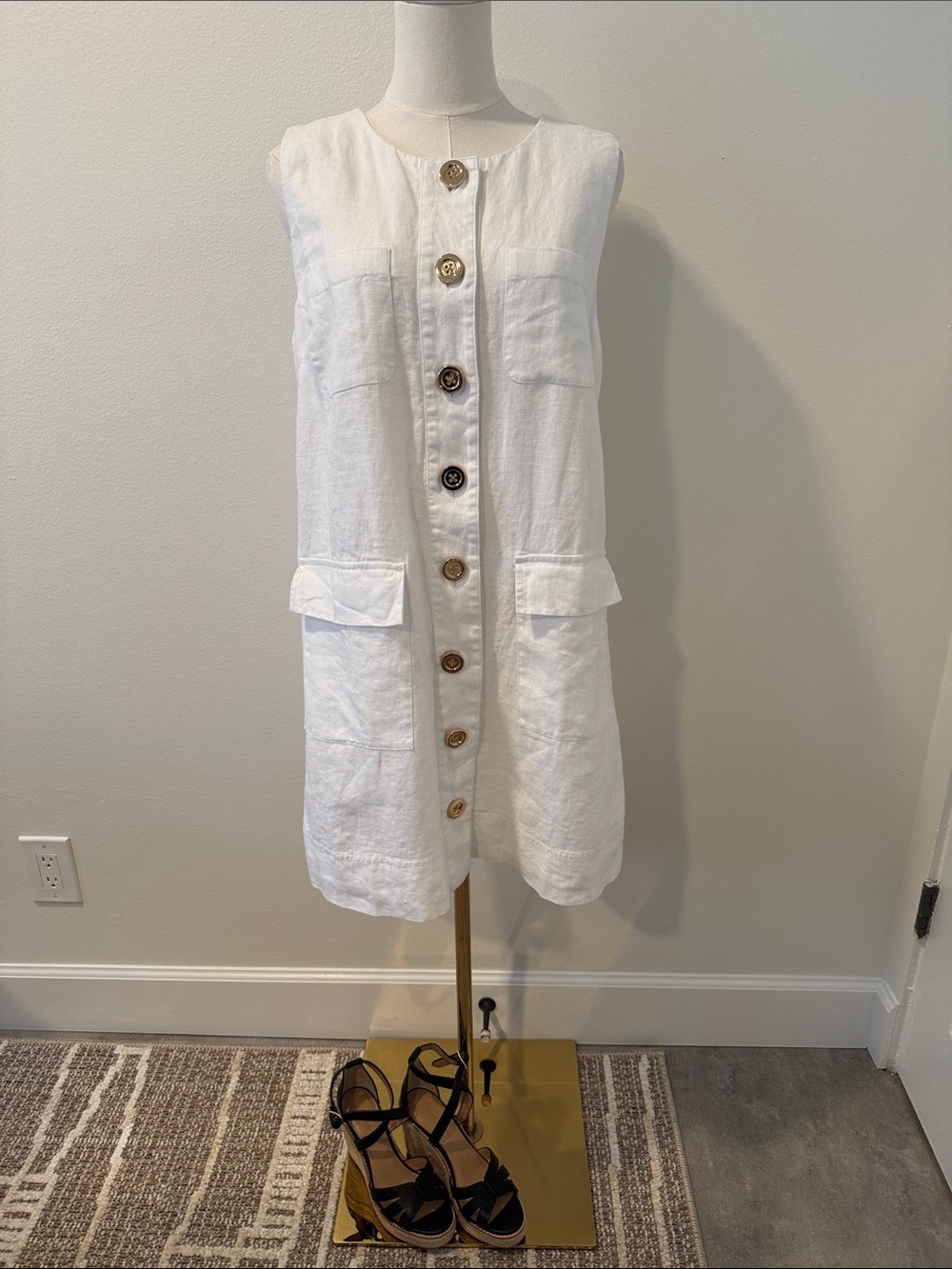 J.Crew 100% Linen White Button Front Shift Dress Sleeveless Lined Size S